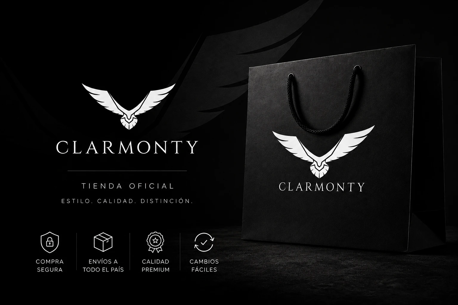 CLARMONTY, tienda oficial: el logotipo del águila y una bolsa negra de la marca